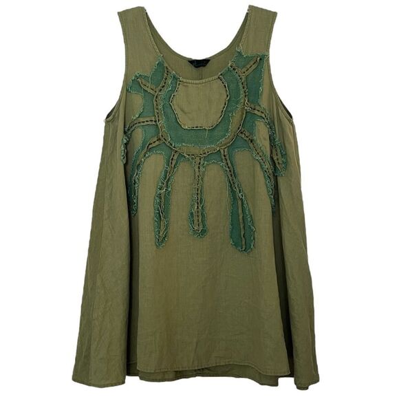 Peacock Ways Linen Tunic Medium Collage Patches Lagenlook Sleeveless Top Boho - Picture 8 of 8
